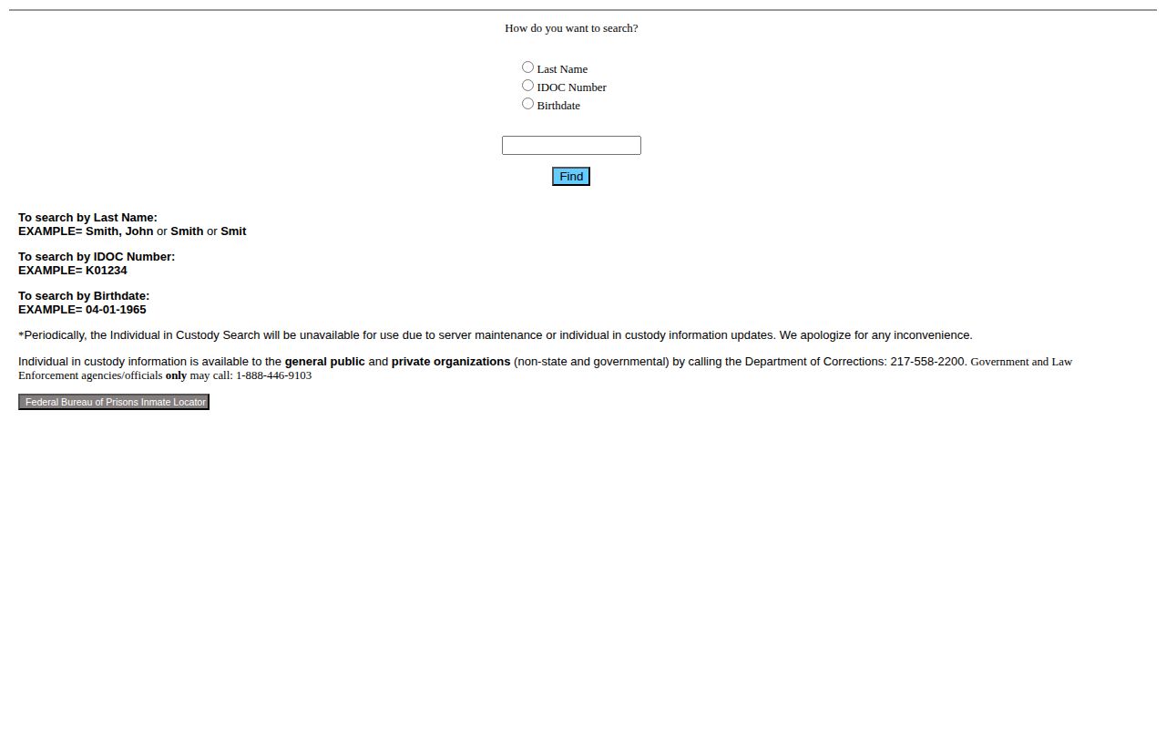 Logan Correctional Center release lookup IDOC form